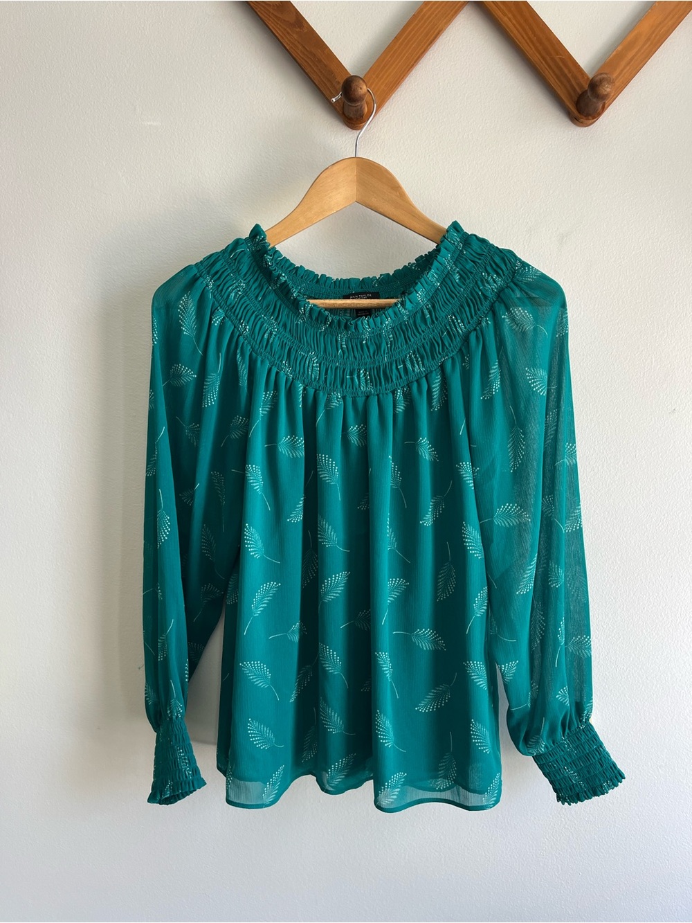 Ann Taylor Factory Teal Leaf-Print Smocked Neck Blouse